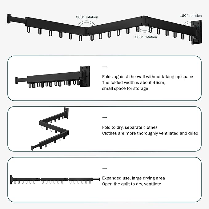 Clothes Drying Rack,Laundry Drying Rack,Clothes Rack Wall Mount,Wall Mounted Clothes Hanger Rack,Laundry Rack Folding,Retractable Clothing Rack,Collapsible Clothes Hanging Rack(Loop,Black)