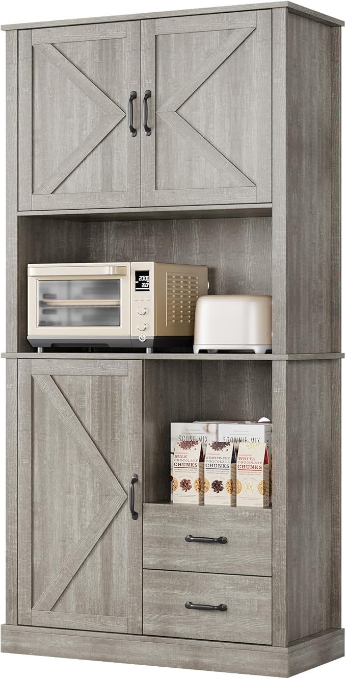 GarveeHome Modern Kitchen Pantry Cabinet with Microwave Stand, Tall Hutch Bar Cabinet with Drawers & Adjustable Shelves, Large Wood Storage for Dining Room, Living Room, Rustic Grey