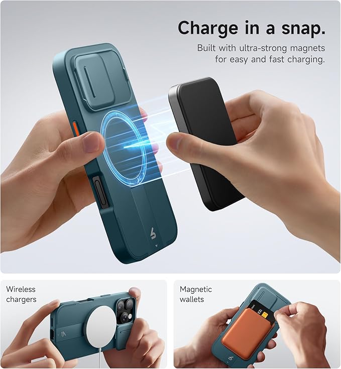 SURITCH for iPhone 16 Pro Case with Slide Camera Cover and Adjustable Kickstand, Compatible with MagSafe, Shockproof Bumper Case Slim Protective Cover for iPhone 16 Pro 6.3 Inch, Lake Green