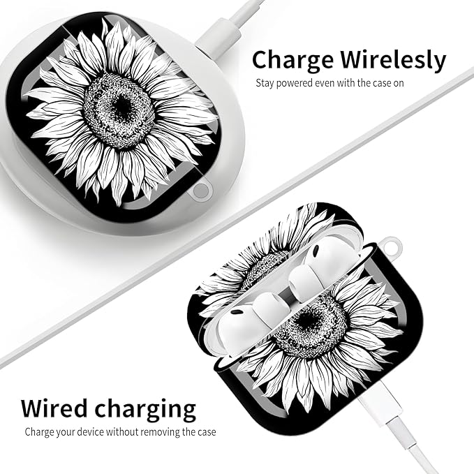 Compatible with AirPod Pro 3 (2025),Cute Case Cover for Women & Men, Full Protection Shockproof Hard Case with Keychain, Wireless Charging Case Accessories(Black White Gerbera Flower)
