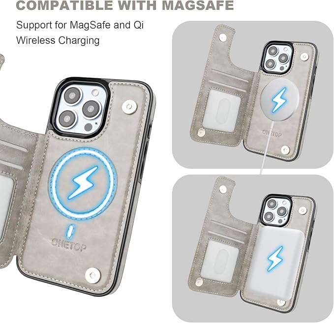ONETOP Compatible with Magsafe for iPhone 13 Pro Wallet Case with Card Holder, PU Leather Kickstand RFID Blocking Case, Double Magnetic Clasp and Durable Shockproof Cover 6.1 Inch (Grey)