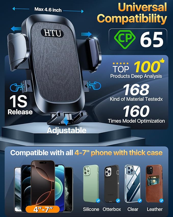 HTU 【98+LBS Strongest Suction & Military-Grade】 2025 Ultimate Car Phone Mount【Patent & Safety Certs】 Cell Phone Holder Truck Stand for Dashboard Windshield Vent for iPhone 17 Pro Max Samsung (Black)