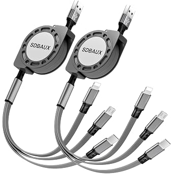 SDBAUX Multi USB Charger Cable Retractable 3 in 1 Multiple Charging Cord Adapter with Mini Type C Micro USB Port Connectors Compatible Cell Phones Tablets Universal Use(2Pack /Gray)