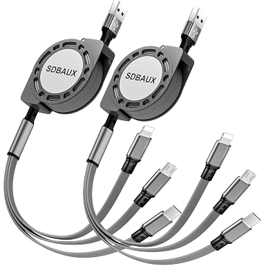 SDBAUX Multi USB Charger Cable Retractable 3 in 1 Multiple Charging Cord Adapter with Mini Type C Micro USB Port Connectors Compatible Cell Phones Tablets Universal Use(2Pack /Gray)