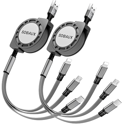 SDBAUX Multi USB Charger Cable Retractable 3 in 1 Multiple Charging Cord Adapter with Mini Type C Micro USB Port Connectors Compatible Cell Phones Tablets Universal Use(2Pack /Gray)