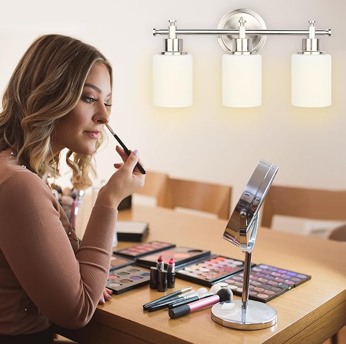 3-Light Bathroom Vanity Light Fixtures, Brushed Nickel Compact Wall Sconce with White Glass Shade for Mirror, Bathroom, Living Room, Modern Style, E26 Base, 15.75 Inch