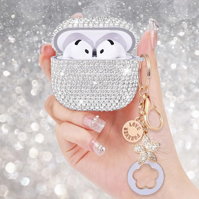 VISOOM Cute Jewelry Case for Airpods 4 Cases 2024 Cover Women, Sparkly Air pods 4 Gen Case Hard TPU Airpod Cases 4th Generation Glitter iPods 4 Cas with Bling Keychain for iPods Earbuds Airpods 4th