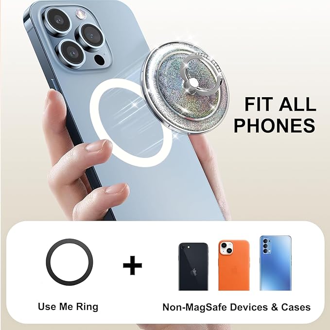 Transparent Magnetic Phone Grip Compatible with MagSafe Phone Ring Holder,360°Adjustable & Removable Silver Glitter Diamond Laser Design Magnet Stand for Phones and Tablets