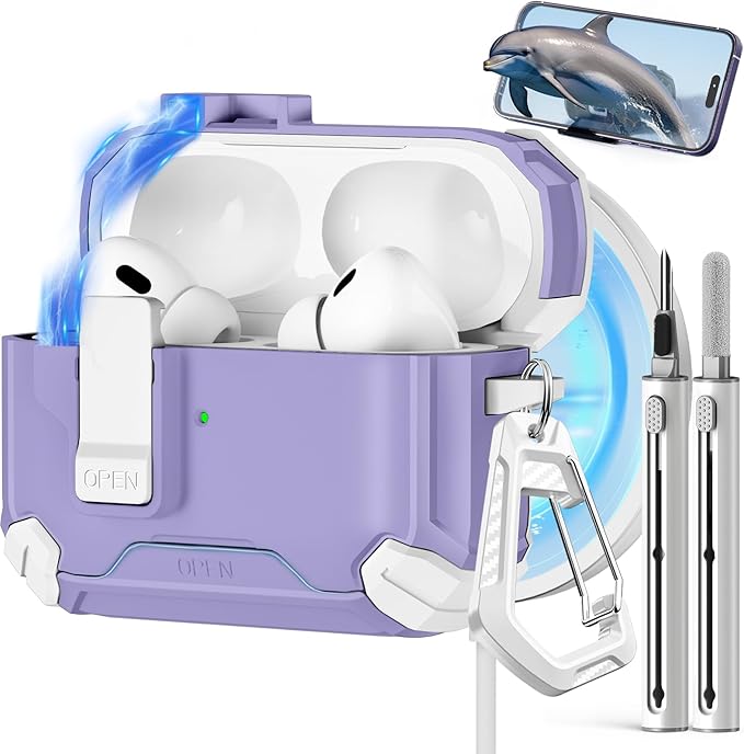 Compatible with AirPods Pro 2nd/1st Case,Magnetic Automatic Lock with Phone Stand & Cleaning Kit,Compatible with Magsafe Cover -s-Purple