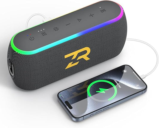 Bluetooth Speaker, Portable Wireless Speakers with Hooks, 40W Deep Bass EQ, IPX6 Waterproof, Bluetooth 5.3 TWS, RGB Lights, 15H Playtime, Built-in Battery for Outdoor Camping Beach (Black)