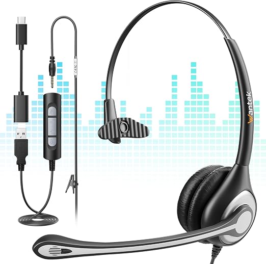 Wantek 3-in-1 USB/3.5mm/Type-C Headset with Noise Canceling Mic, Mono Computer Headphones with in-Line Controls for PC, Laptop, Office