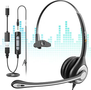 Wantek 3-in-1 USB/3.5mm/Type-C Headset with Noise Canceling Mic, Mono Computer Headphones with in-Line Controls for PC, Laptop, Office