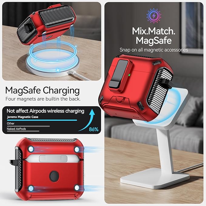 for AirPods 4 Case (2024) with Phone Stand,（with Automatic Snap Switch） Carbon Fiber Design Protection Cover with Cleaning Pen,Red
