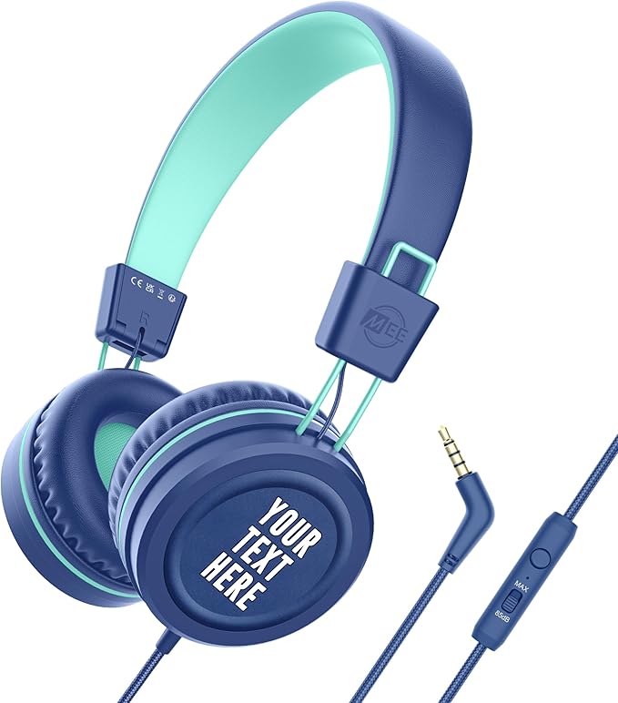 MEE audio KidJamz KJ55 Personalized Wired Headphones for Kids with Custom Full Color Photo Print, 3.5mm Plug Headset, Volume Limiter, & Microphone, Printed Graphics for School, Gift, Travel (Blue)