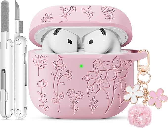 for AirPods 4 Case, Soft Silicone Flower Engraved Airpod 4 Cases with Qute Keychain & Cleaning Kit, Compatible with AirPods 4th Generation 2024 Cover for Women Girly, Anti-Scratch, Shockproof