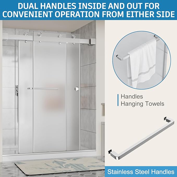 Frameless Shower Door, 56-60" W x 78" H 3/8" (10mm) Thick Tempered Frosted Glass Shower Door with Explosion-Proof Film Nano Coating, Double Sliding Doors for Walk in Shower, Stainless Steel Hardware