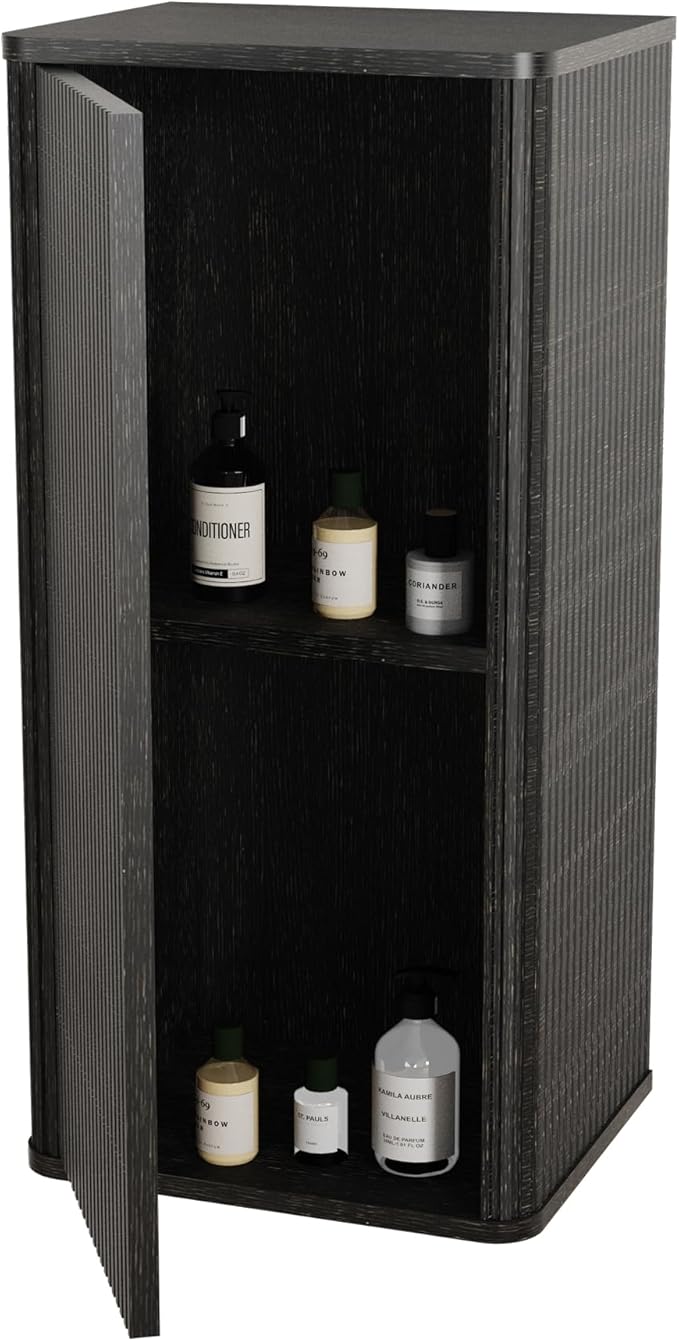 Striped Walnut Floating Bathroom Side Cabinet Wall-Mounted Storage for Small Spaces Pre-Assembled with Safe Curvy Design Push-Open Door