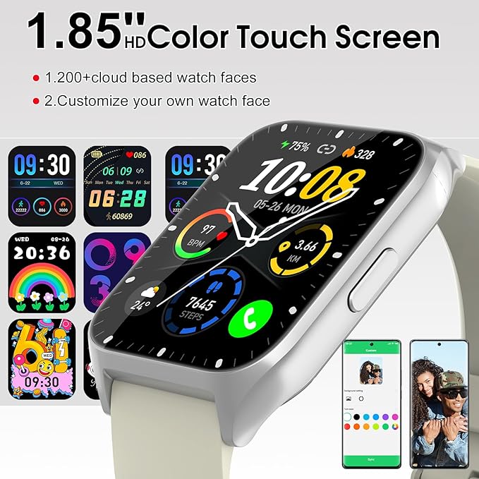 Smart Watch, 1.85" HD Smartwatches for Men Women (Answer/Make Calls), 100+ Sport Modes Fitness Tracker Watch, Heart Rate/Sleep Monitor, IP68 Waterproof Activity Tracker, Smartwatch Bee White