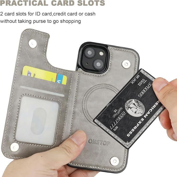 ONETOP Compatible with Magsafe for iPhone 13 Wallet Case with Card Holder, PU Leather Kickstand RFID Blocking Case, Double Magnetic Clasp and Durable Shockproof Cover 6.1 Inch (Grey)