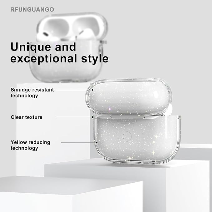 RFUNGUANGO AirPods Pro Case Clear, Soft TPU Transparent with Cleaning Kit & Keychain, Compatible with Magsafe, Compatible Apple AirPods Pro 2nd/1st Generation Protective Case, Glitter White