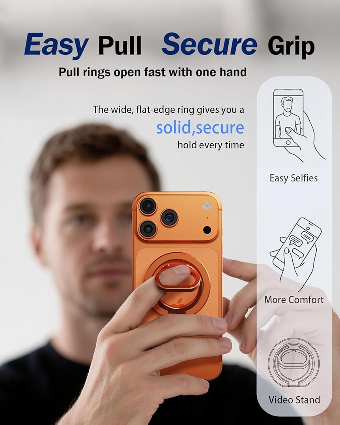 Phone Grip for MagSafe,360°& 180°Rotation Magnetic Phone Ring Holder with Kickstand,Dual-Ring Thin Phone Stand for 17/16/15/14/13/12 Series-Orange