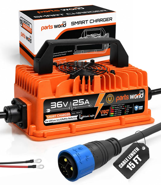 LithiumLogic™ 36V 25A LiFePO4 Charger with M25 Connector, Accessory Wires & Temp Sensor; IP67 Waterproof with VoltRevive™ Recovery for Golf carts, Utility carts, Scissor Lifts & Floor scrubbers