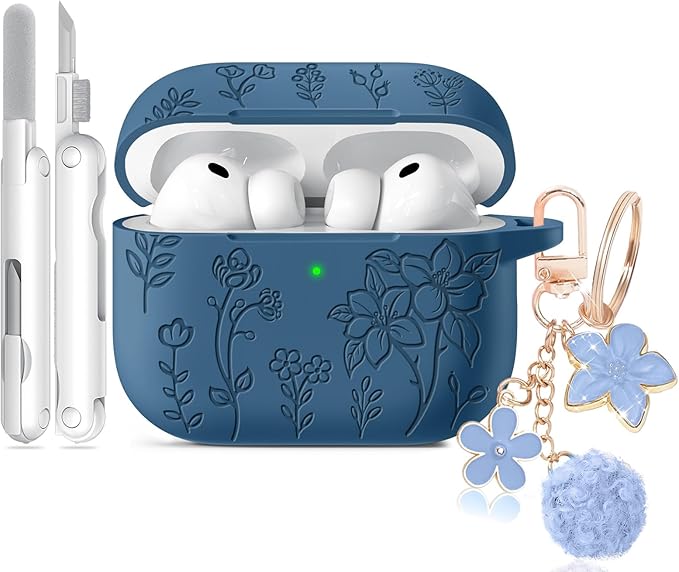 for Airpods Pro 3 Case, Flower Engraved Case Cover Compatible with AirPods Pro 3rd Generation 2025, Soft Silicone Cases with Cute Keychain & Cleaner for Women Girly, Shockproof