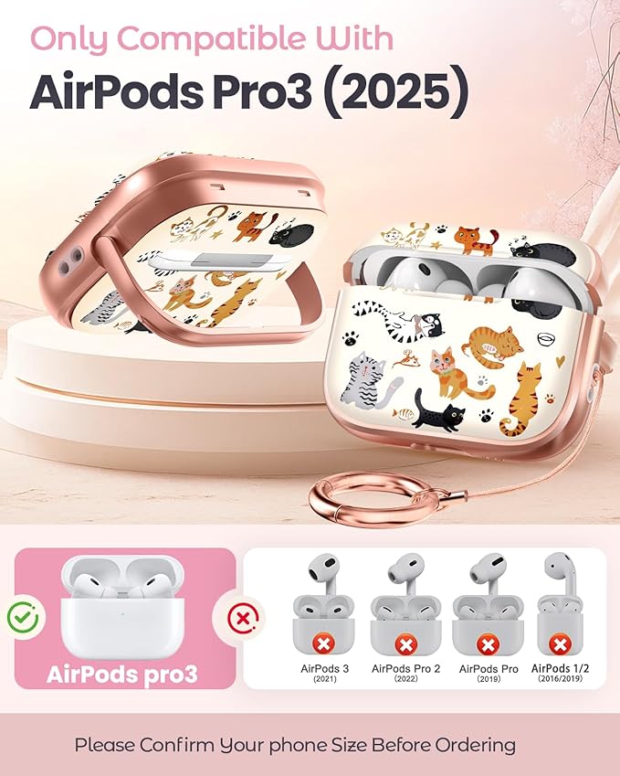 Coralogo for AirPods Pro 3 Case with Safety Lock - Cute Cartoon for Women Girls Fashion Stylish Cats Pattern Design Kawaii Girly Girlish Hard Protective Cover for AirPods Pro 3rd Generation