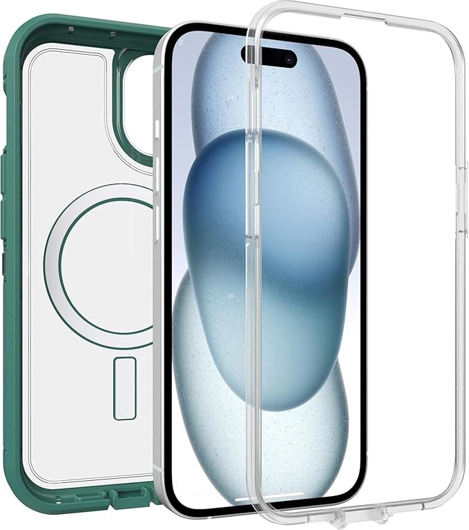 OtterBox iPhone 15, iPhone 14 & iPhone 13 (Only) - Defender Series XT Clear Case - Velvet Evergreen (Clear) - Snaps to MagSafe - Screenless - Rugged - Lanyard Attachment - Non-Retail Packaging