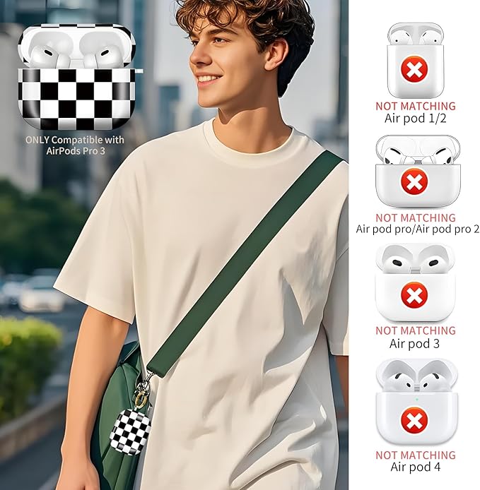 Compatible with AirPods Pro 3rd Generation 2025 Case Cover with Gold Keychain - Cute Protective Hard AirPod Pro 3 Cases for Women - Black White Checkered