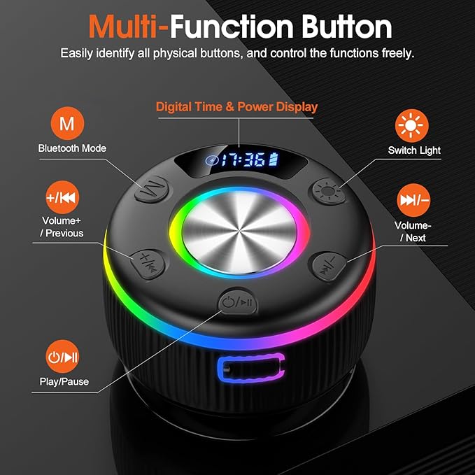 Bluetooth Shower Speaker, IP7 Waterproof Portable Bluetooth 5.3 Speakers with Suction Cup, Mini Wireless Speaker with RGB Lights Time Display, Loud Stereo Sound for Bathroom Beach Travel Outdoor Party