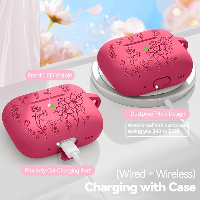 for Airpods Pro 3 Case, Flower Engraved Case Cover Compatible with AirPods Pro 3rd Generation 2025, Soft Silicone Cases with Cute Keychain & Cleaner for Women Girly, Shockproof