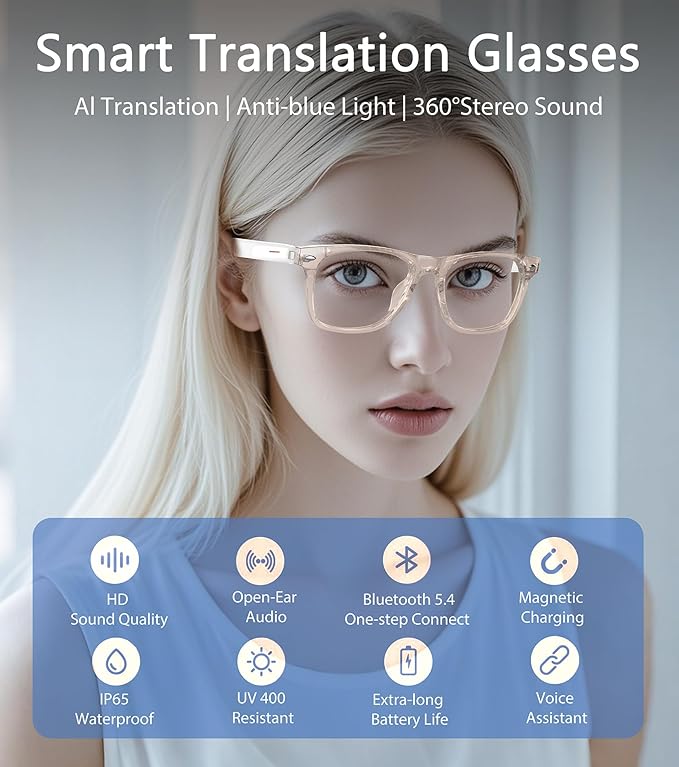 AI Smart Glasses, Multifunctional Bluetooth Sunglasses for Men & Women, 116 Languages & Accents Translator Device, Blue Light Filter & Polarized UV Protection Lenses Translation Glasses, Pink