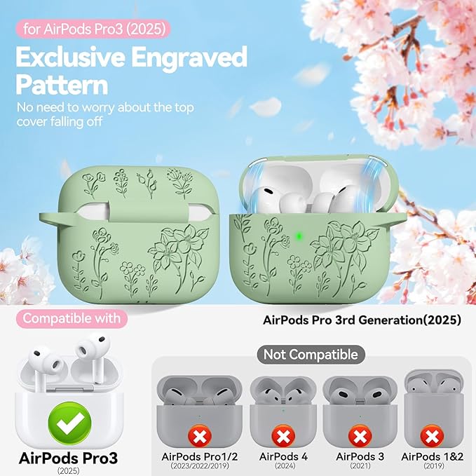 for Airpods Pro 3 Case with Magnetic Lid, Flower Engraved Case Cover Compatible with AirPods Pro 3rd Generation 2025, Soft Silicone Cases with Keychain & Cleaner for Women Girly, Shockproof