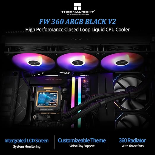 FW360 Black ARGB CPU Water Cooler with 3 PWM Fans with 2000RPM,IPS LCD Screen with 320 * 240 Resolution,Liquid CPU Cooler,CPU PC Aio Cooler for AMD:AM4/AM5/Intel LGA1700