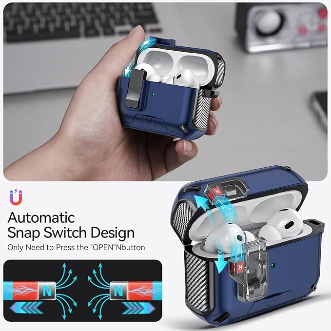 for AirPods Pro 2nd/1st Case (2023/2022/2019) with Phone Stand,（with Automatic Snap Switch） Carbon Fiber Design Protection Cover with Cleaning Pen,Blue