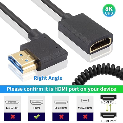 Duttek 8K HDMI Extender Cable, 48Gbps Right Angle HDMI Male to Female Coiled Cable, 1.2M, Compatible with MacBook Pro, PS5, Xbox Series X, Roku TV, UHD TV, Blu-ray