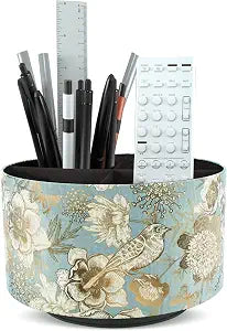 Round Leather Art Supply Organizer,Remote Control Holder,360 Degree Rotating,Multi-Functional Pencil Holder,4 Compartments Desktop Stationary Organizer(1-Blue Bird)
