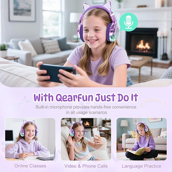 QearFun Kids Cat Ear Bluetooth Headphones, 60H Playtime, 74/85/94dB Safe Volume Limit, Metallic Gradient Wireless Headset with Mic, Fast Charging, Foldable, Wired Mode for Girls School/Tablet/Travel