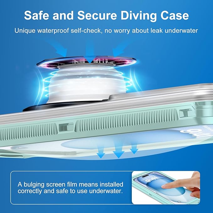 Beasyjoy Waterproof Phone Case, Underwater Snorkeling Diving Phone Case, Universal Self-Check Water Proof Pouch Dry Bag Up to 6.9 Inch for iPhone 16/15/14/13/12/11/Samsung S24/S23/Google - Green
