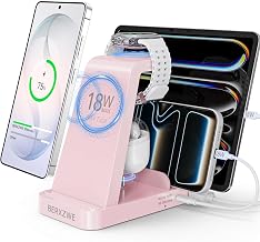 Wireless Charger for Samsung: 5 in 1 Samsung Wireless Charging Station for Galaxy S26Ultra/S25/S24, Charger Dock Stand for Galaxy Watch8/7/6/5, Android Charging Station for All USB-C Buds, Pink