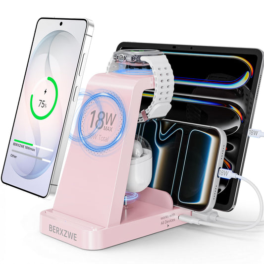 Wireless Charger for Samsung: 5 in 1 Samsung Wireless Charging Station for Galaxy S26Ultra/S25/S24, Charger Dock Stand for Galaxy Watch8/7/6/5, Android Charging Station for All USB-C Buds, Pink