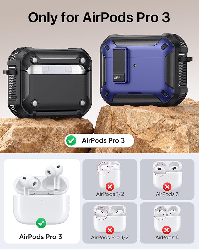 MoKo for AirPods Pro 3 Case with Lock 2025 - Compatible with MagSafe, Phone Stand & Auto Pop-up for AirPods Pro 3rd Generation Case, Military-Grade Protective Cover with Cleaner Kit, Black + Dark Blue