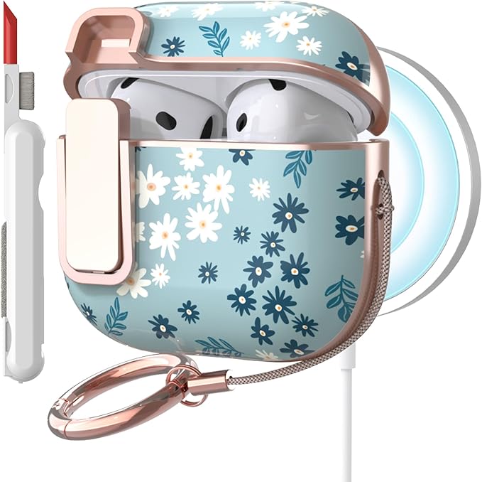 TATOFY Cover for AirPods Pro 4th Generation Case with Lock Clip Cleaner Kit Slim Hard AirPod 4 Lock Case Compatible with MagSafe (Cyan)