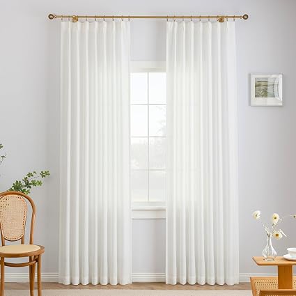 THREE GIRLS Liz Pinch Pleated Linen Curtains 90 Inches Long, Light Filtering Curtains for Living Room, Farmhouse Window Curtains for Bedroom, Modern Drapes with Hooks and Rings, White, 2 Panels Set