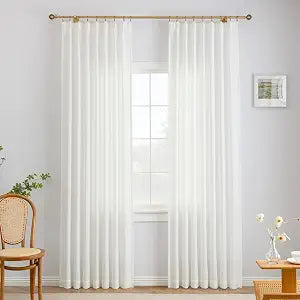 THREE GIRLS Liz Pinch Pleated Linen Curtains 90 Inches Long, Light Filtering Curtains for Living Room, Farmhouse Window Curtains for Bedroom, Modern Drapes with Hooks and Rings, White, 2 Panels Set
