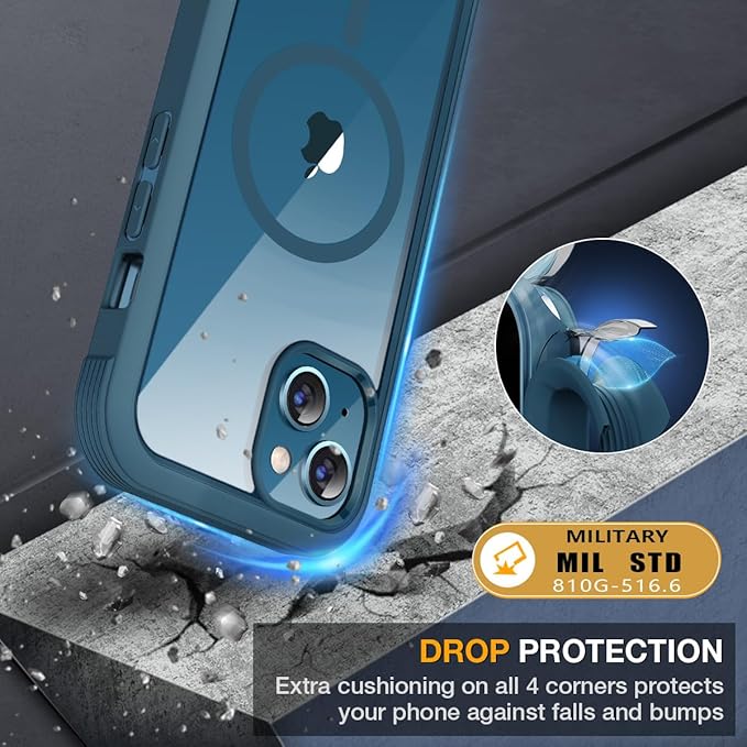 Miracase Glass Series Designed for iPhone 13 Case 6.1 inch, 2023 Upgrade Full-Body Magnetic Clear Bumper Case with Built-in 9H Tempered Glass Screen Protector,Storm Blue