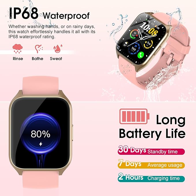 Smart Watch, 1.85" HD Smartwatches for Men Women (Answer/Make Calls), 100+ Sport Modes Fitness Tracker Watch, Heart Rate/Sleep Monitor, IP68 Waterproof Activity Tracker, 2025 Smartwatch Pink