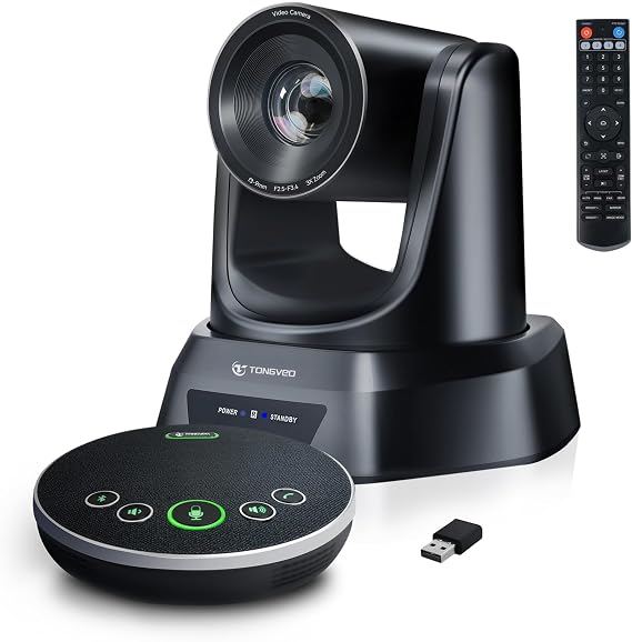 TONGVEO AI Auto-Tracking PTZ Conference Camera System with Bluetooth Microphones, 3X Optical Zoom USB3.0 1080P 60fps, 93° Wide-Angle All-in-One Video Conference Solution for Church & Office