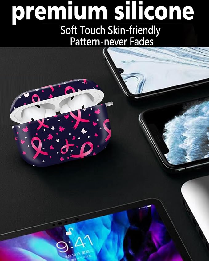 Cute Hard Case Compatible with AirPods Pro 2nd/1st Generation, Protective Cover with Golden Keychain, Fits 2023/2022/2019 Models, for Women, Girls, and Men(Cute Pink Ribbon)
